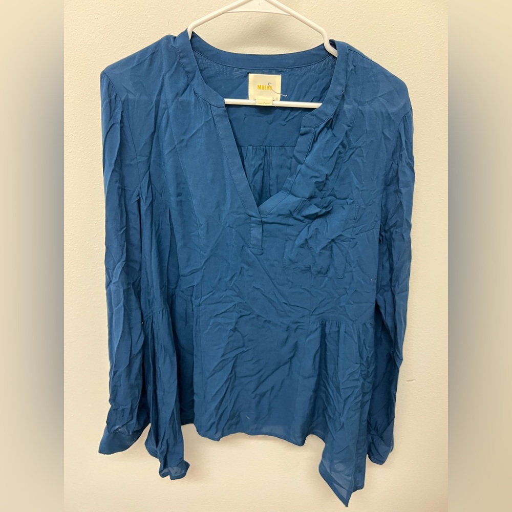 Maeve Anthropologie Laiken Henley Popover Top Womens Blue Long Sleeve Size 12
